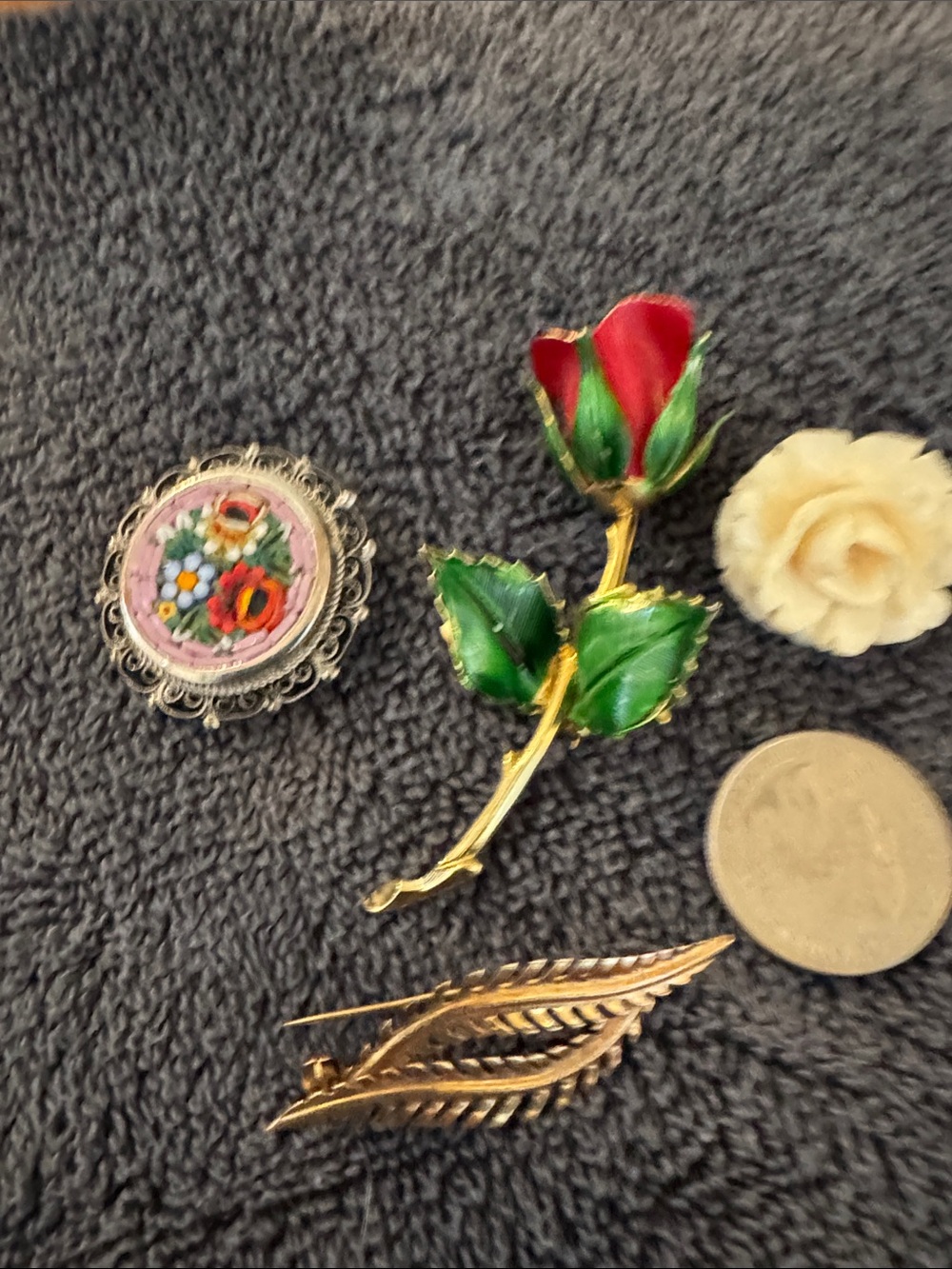 Vintage Red and Green Enamel Rose Brooch - Unbranded